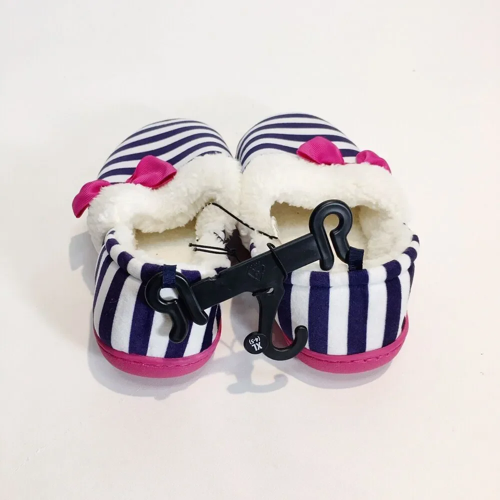 Girls Slippers NAVY BLUE WHITE STRIPED Pink Bow SHERPA LINED Rubber‎ Sole XL 4-5
